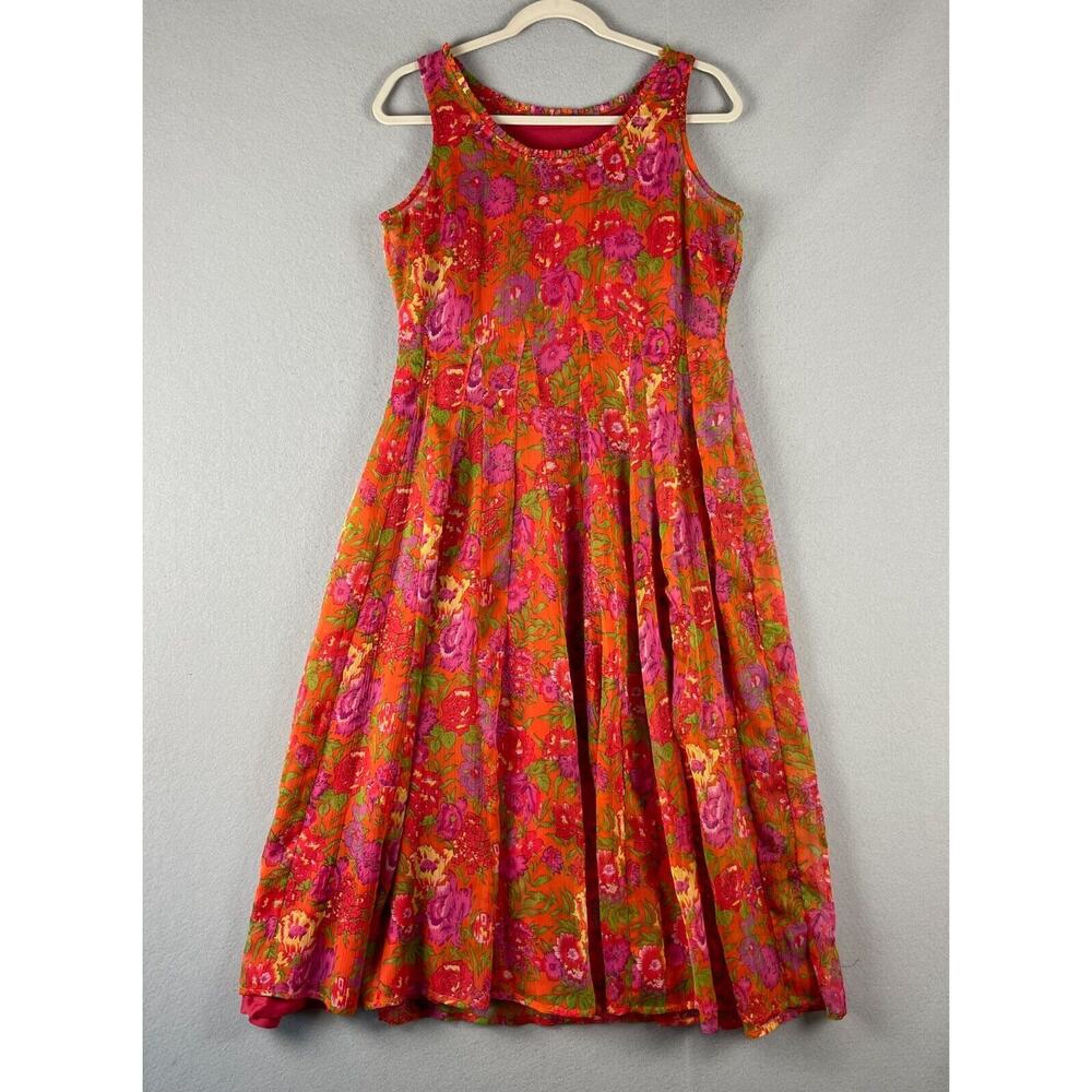 J Peterman Dress Womens 8 Floral Sleeveless Midi Colorful Ruffle Flowy Retro